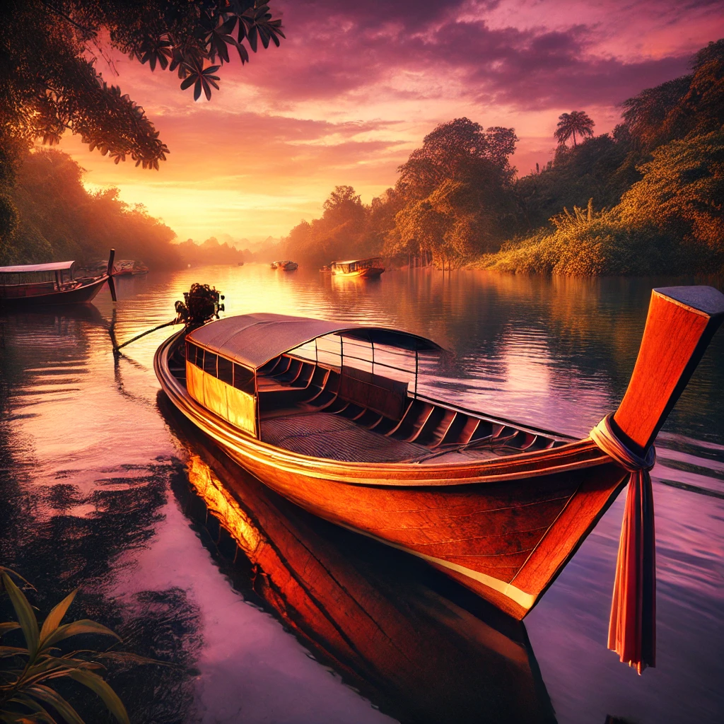 DALL·E 2025-03-19 12.45.28 – A traditional long-tail boat in shades of orange, red, and brown, floating on a serene river at sunset. The boat is positioned in the foreground, with